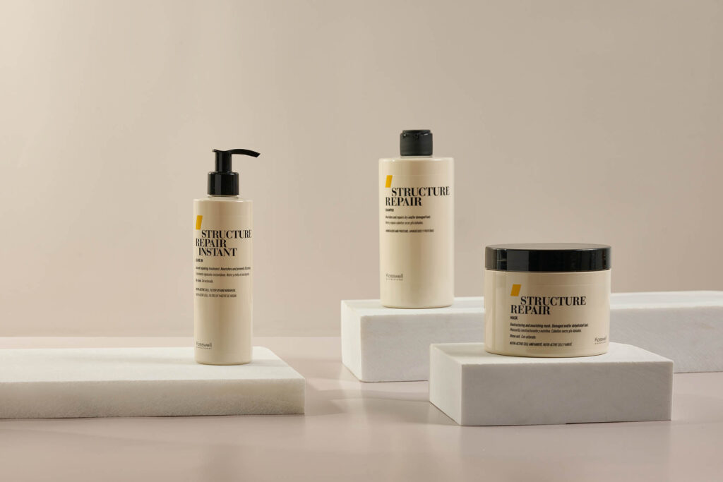 Productos de la gama Structure Repair de Kosswell: champú, mascarilla y tratamiento instantáneo para cabello dañado.