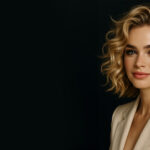 Mujer con cabello rubio ondulado y estilizado, maquillaje natural y fondo oscuro. Imagen editorial de Kosswell para destacar el cuidado capilar profesional.