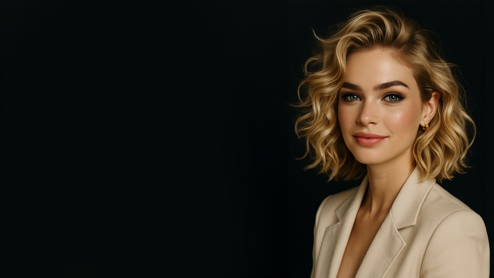 Mujer con cabello rubio ondulado y estilizado, maquillaje natural y fondo oscuro. Imagen editorial de Kosswell para destacar el cuidado capilar profesional.