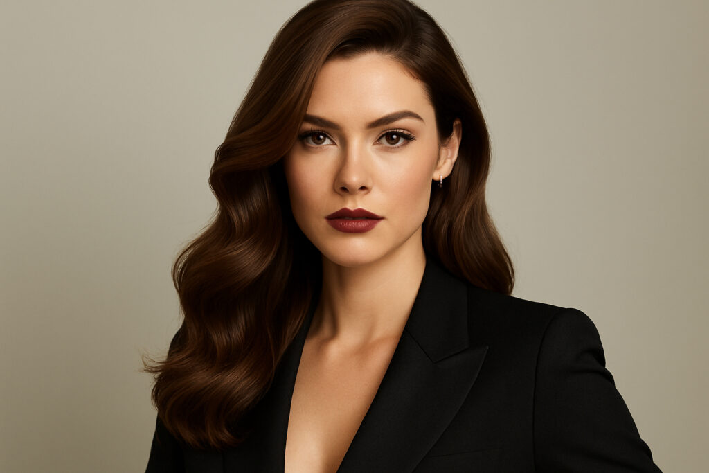 Mujer con cabello castaño oscuro peinado en ondas marcadas, estilo elegante y maquillaje sofisticado. Imagen editorial de Kosswell.