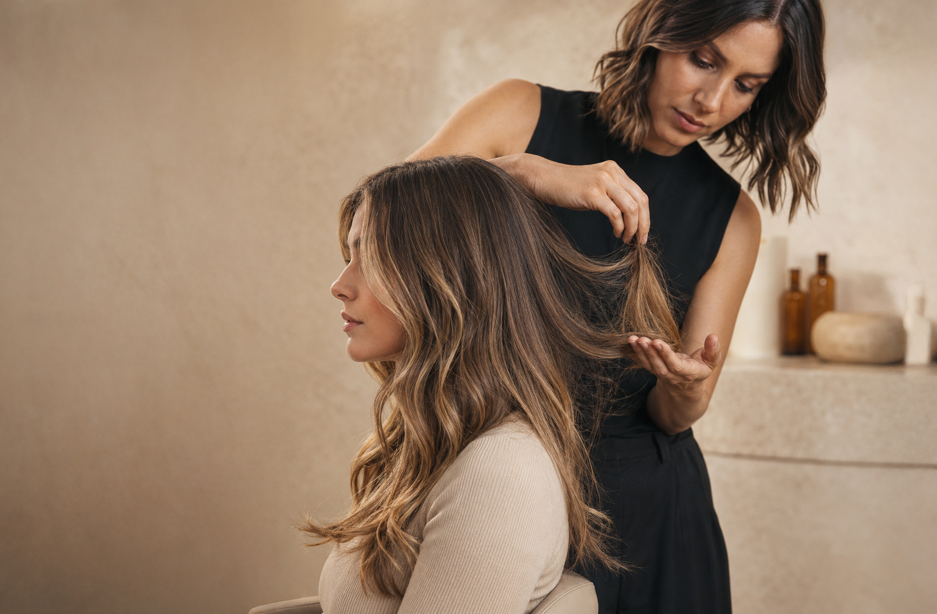 Profesional evaluando el estado del cabello de una clienta en el salón